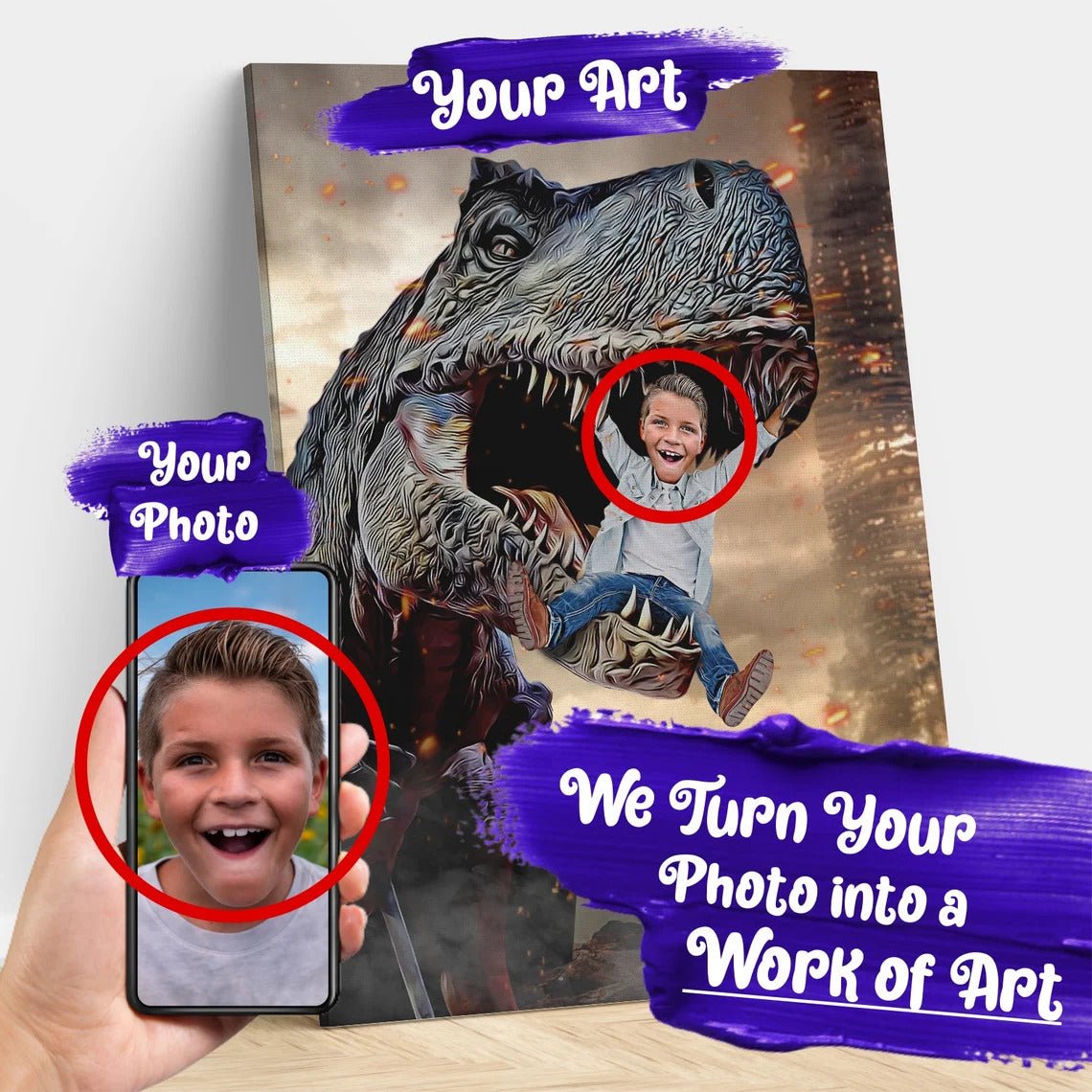 The Boy in the T-Rex Mouth Custom Gift For Kids at My Kid's Dream mykidsdream.com