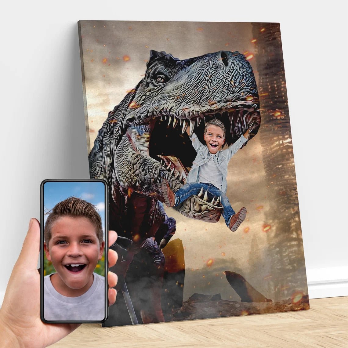 The Boy in the T-Rex Mouth Custom Gift For Kids at My Kid's Dream mykidsdream.com
